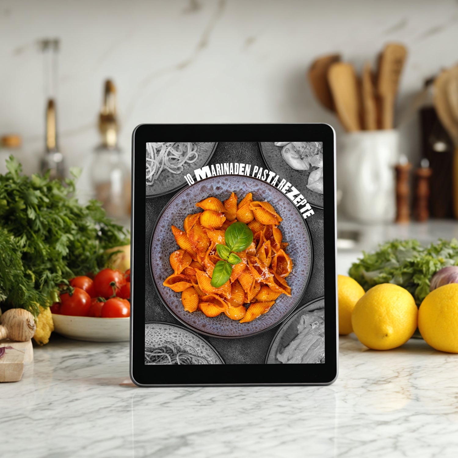 Tablet zeigt ein Pastagericht und den Text '10 Marinaden Pasta Rezepte'.