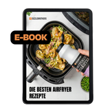 Tablet zeigt Airfryer-Gericht und E-BOOK-Overlay, mit Text 'DIE BESTEN AIRFRYER REZEPTE'.