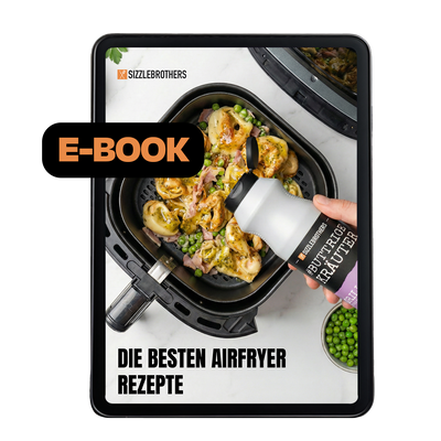 Tablet zeigt Airfryer-Gericht und E-BOOK-Overlay, mit Text 'DIE BESTEN AIRFRYER REZEPTE'.