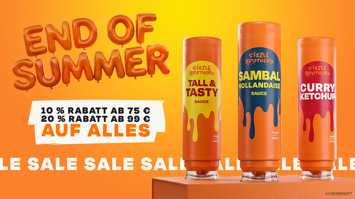 Drei Saucenflaschen vor orangefarbenem Hintergrund. Text: "End of Summer, 10 % Rabatt ab 75 €, 20 % Rabatt ab 99 € auf alles."