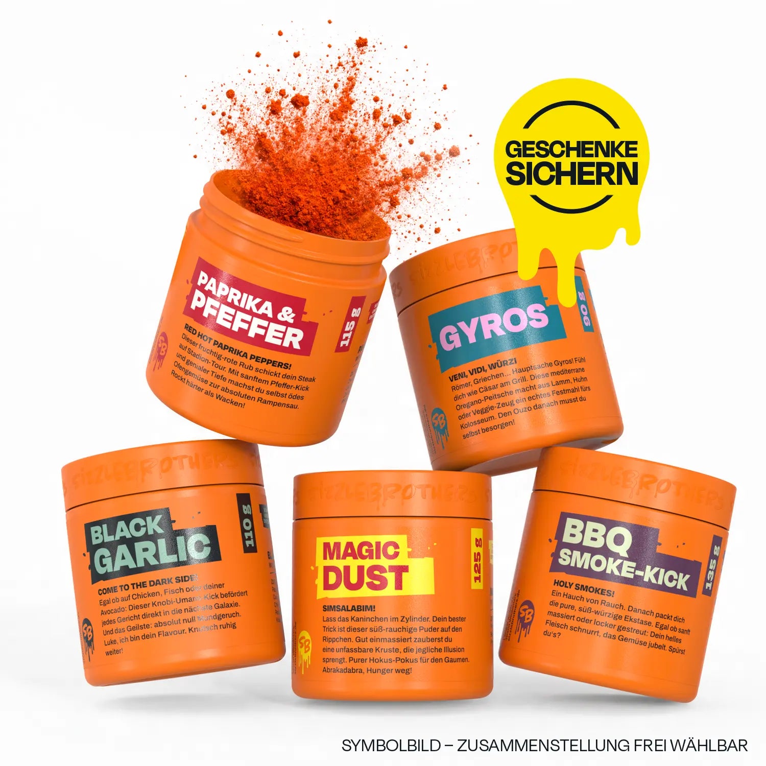 Fünf orangerote Gewürzdosen, eine mit sprühendem Paprika. Text: "Geschenke sichern".