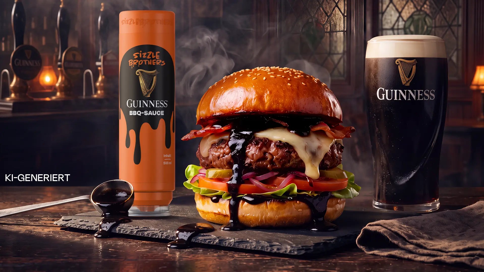 Saftiger Burger mit geschmolzenem Käse, Bacon, Salat und Tomate auf einem Brett daneben eine Flasche Guinness BBQ-Sauce und ein Glas Guinness-Bier