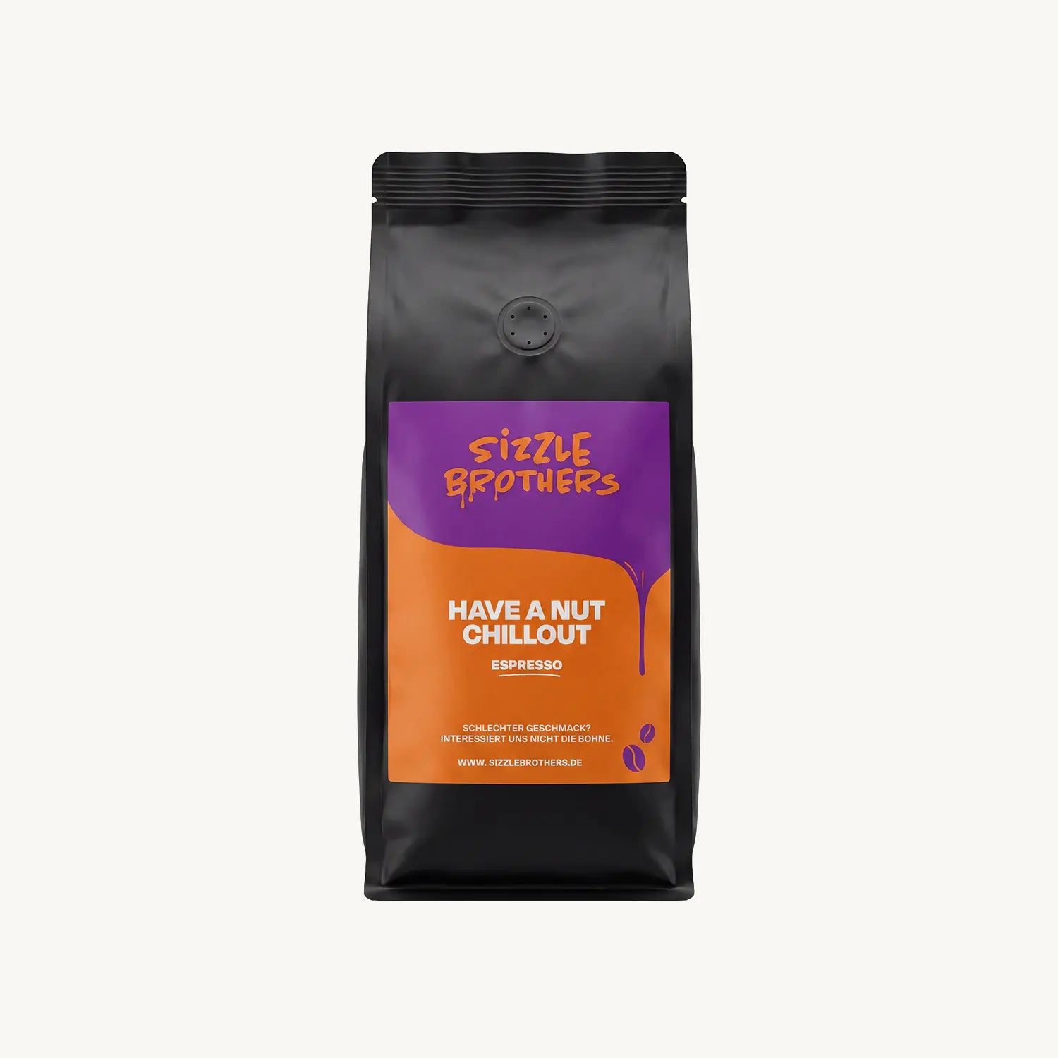 SizzleBrothers Have a Nut Chillout Espresso, in schwarzer Verpackung mit orange-lila Etikett, ganze Bohne