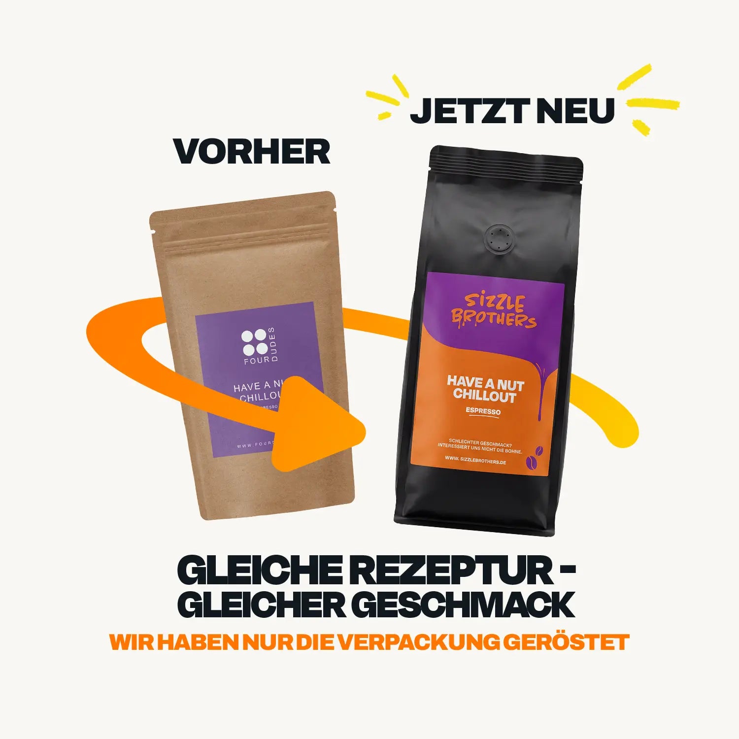 Altes und neues Verpackungsdesign vom Have a nut Chillout Espresso mit dem Text "Gleiche Rezeptur - gleicher Geschmack. Wir haben nur die Verpackung geröstet."