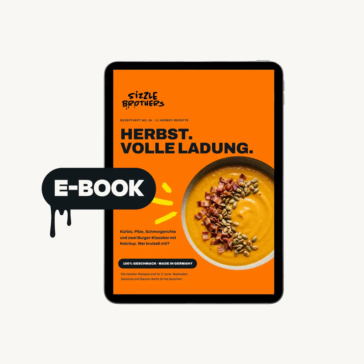 Tablet mit Rezeptbuch 'Herbst. Volle Ladung.' zeigt Kürbissuppe und ein E-Book-Symbol.