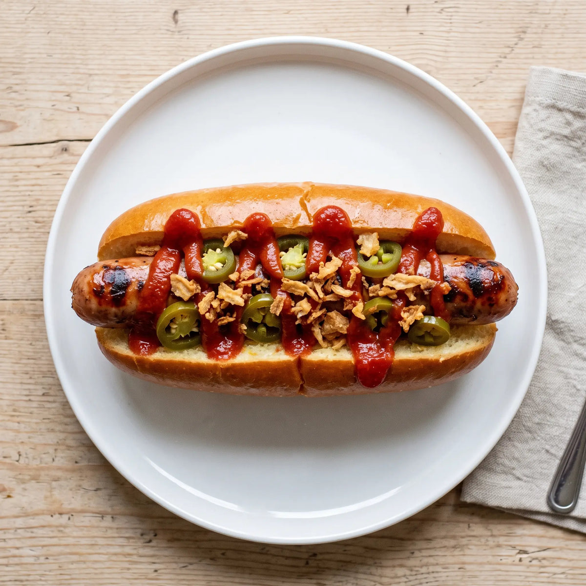 Krosser Krakauer-Würstchen-Hotdog im fluffigen Brötchen mit Jalapeños, Röstzwiebeln und feurigem Ketchup