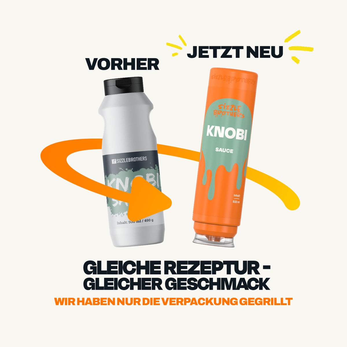 Neue Verpackung der SizzleBrothers Knobi-Sauce, alte weiße Flasche neben der neuen orangefarbenen 500 ml Flasche

