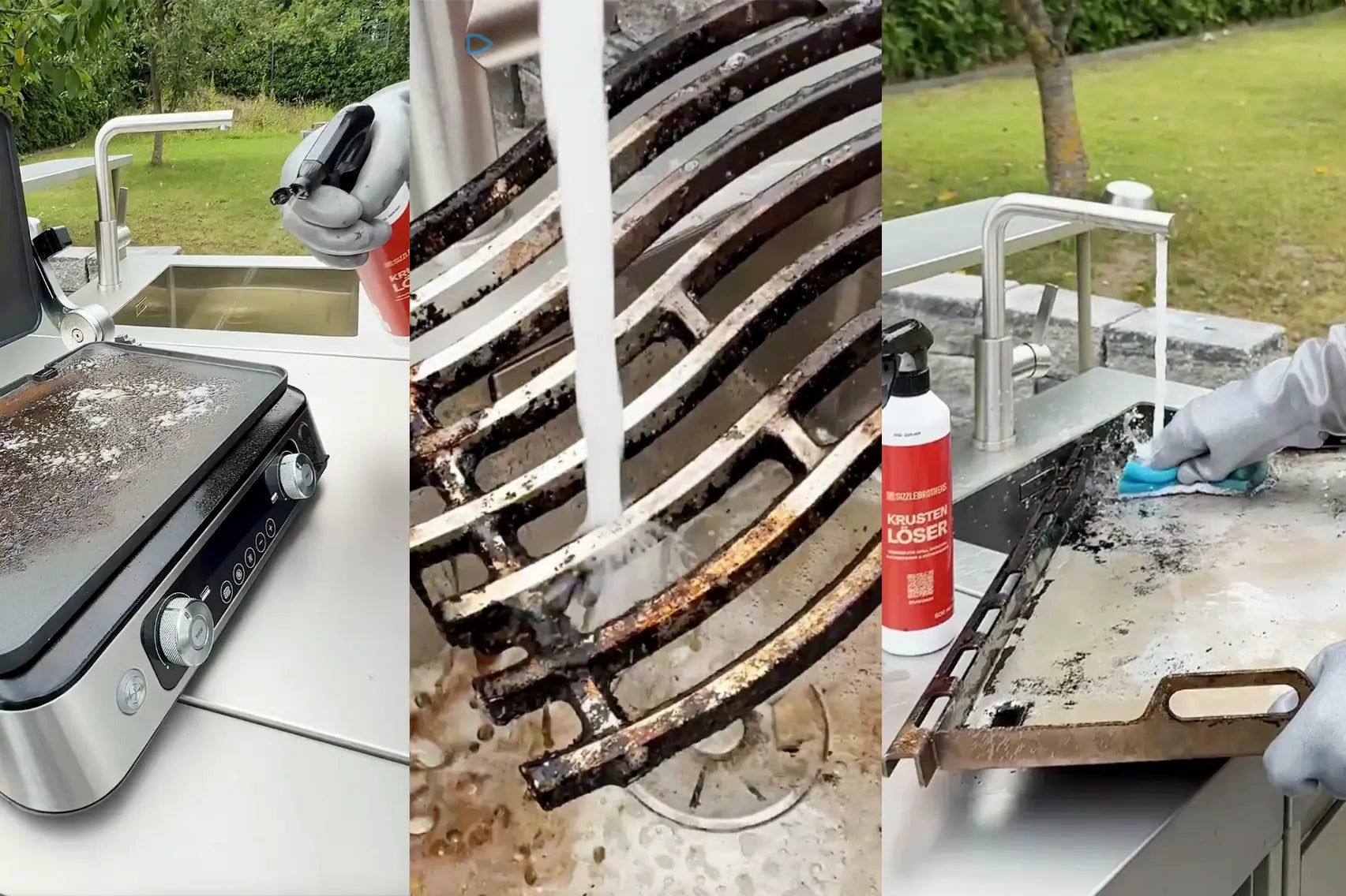 Collage zeigt Grillreinigung mit Löse-Spray und Wasser aus Nahaufnahme.