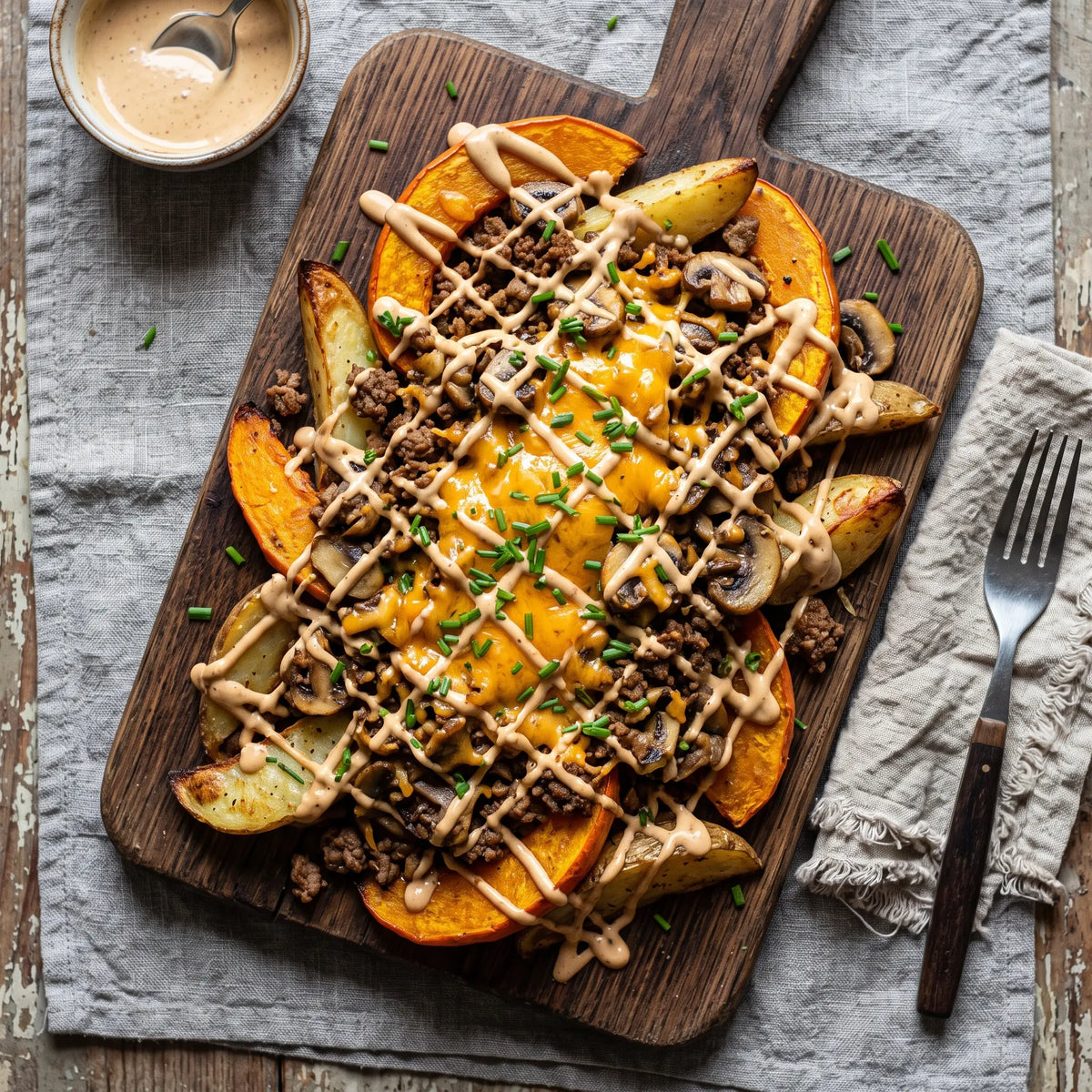Kürbis- und Kartoffelwedges mit gebratenem Hackfleisch, Champignons, geschmolzenem Cheddar, Schnittlauch und cremiger Big Mhhh Sauce