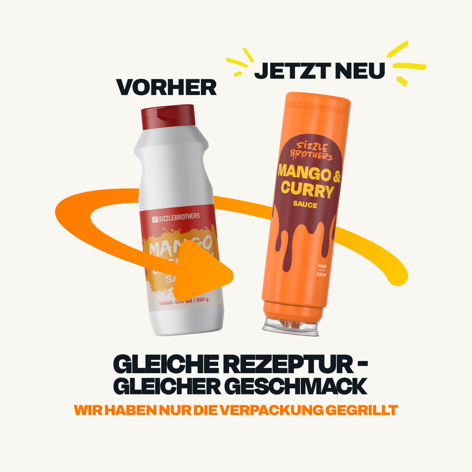 Vorher-Nachher-Vergleich der SizzleBrothers Mango Curry Sauce, alte weiße Flasche neben neuer Flasche in orange, Packaging-Redesign