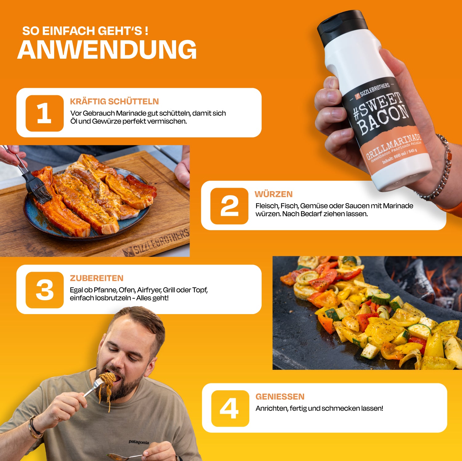 Anleitung zur Anwendung von Marinade in vier Schritten mit Bildern und Texten.