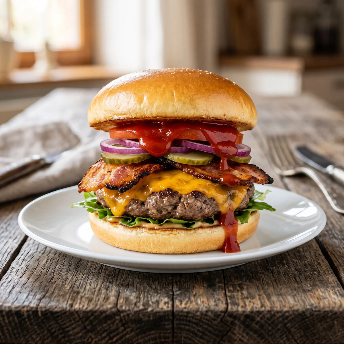 Oldschool-Diner-Bacon-Cheeseburger mit Salat, geschmolzenem Käse, knusprigem Bacon, Gurkenscheiben, roten Zwiebelringen und Tomatenketchup auf einem weichen Brötchen