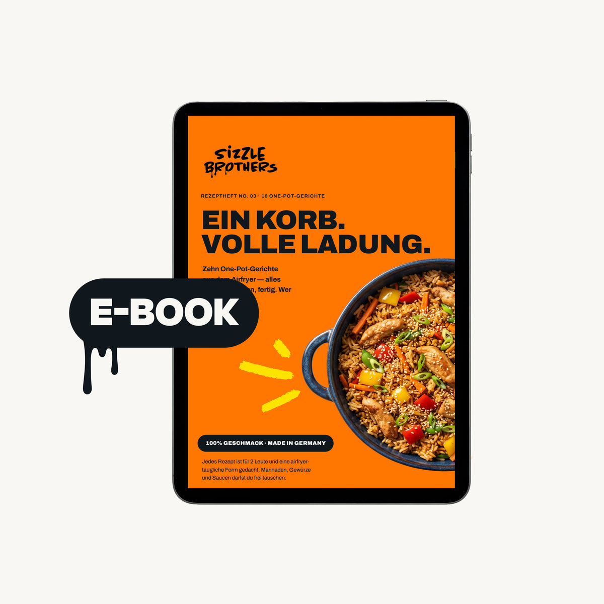 Tablet mit Rezeptbuch 'Ein Korb. Volle Ladung.' und ein E-Book-Symbol.