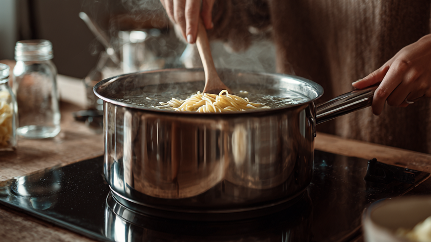 Person rührt Spaghetti in einem Topf auf dem Herd, im Hintergrund Glasbehälter.