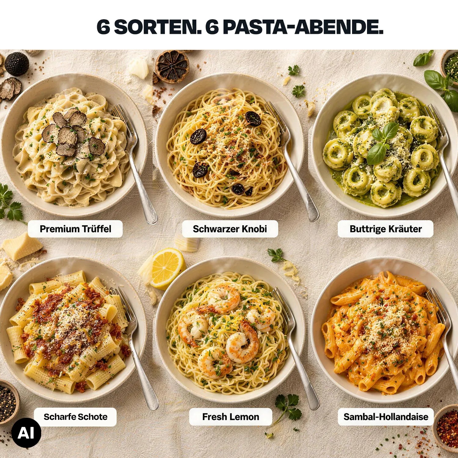 Sechs verschiedene Pasta-Gerichte mit passenden Saucen, auf Tellern angerichtet.