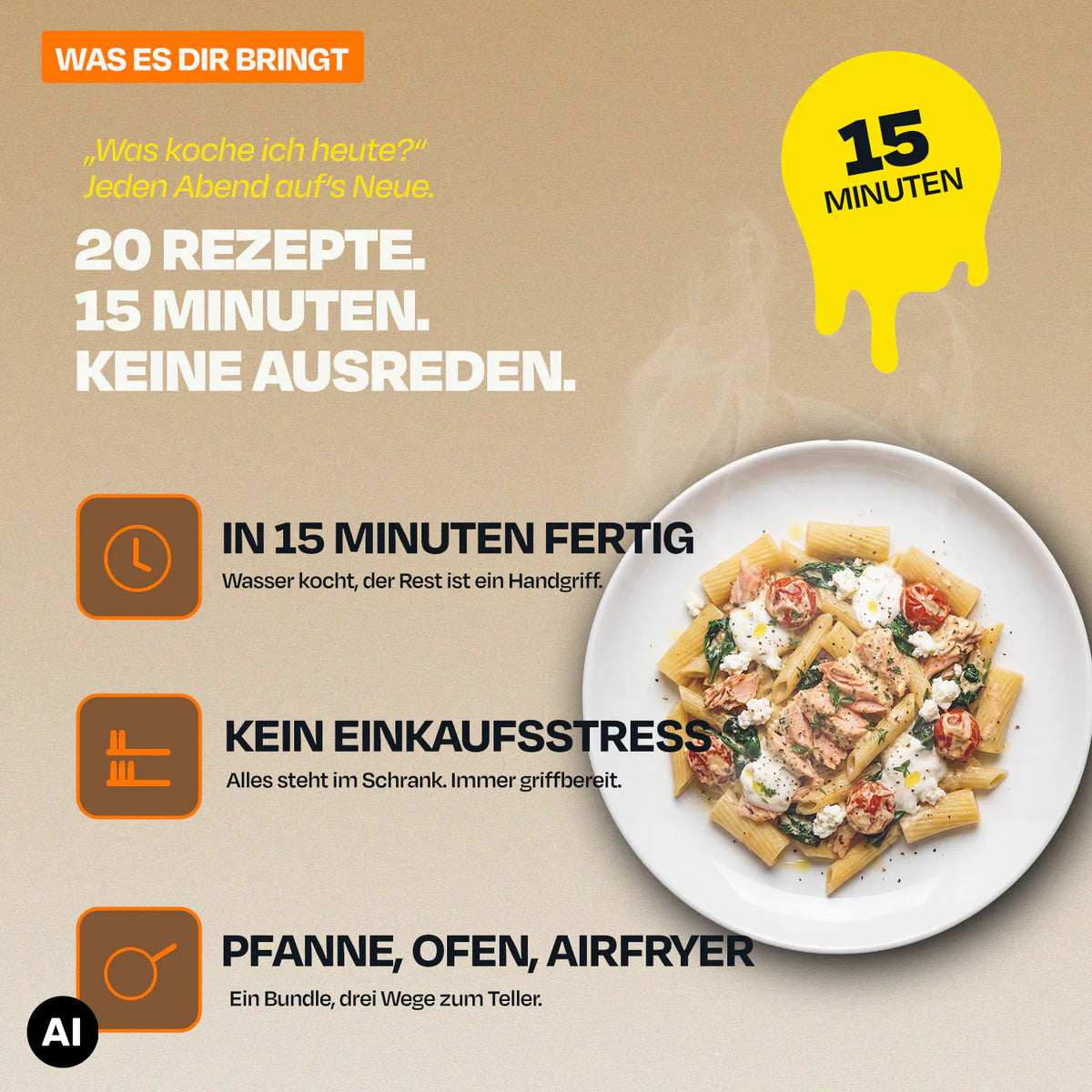 Teller mit Pasta neben Text über Rezeptideen und Zeitersparnis, gelber Klecks: 15 Minuten.