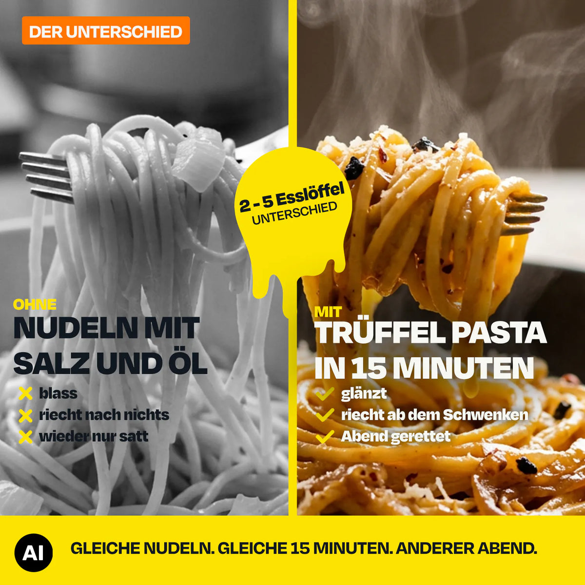 Vergleich: Nudeln mit Salz links, Trüffelpasta mit Glanz rechts; gelber Klecks: Unterschied.