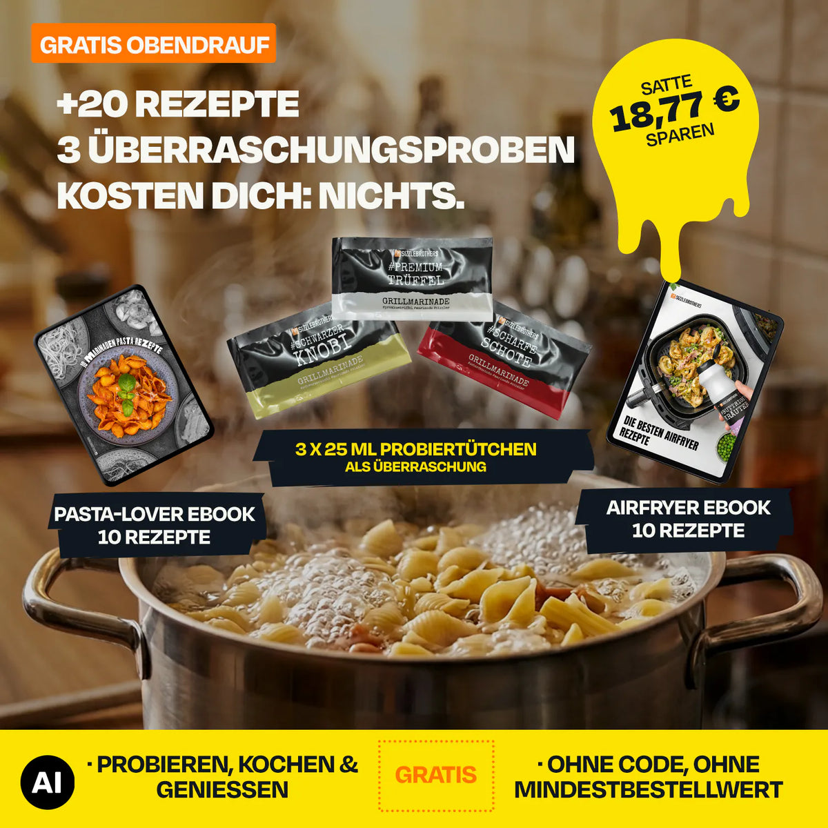 Kochtopf mit Dampfnudeln; über dem Topf Probierpäckchen und Text zu Rezepten und Proben.