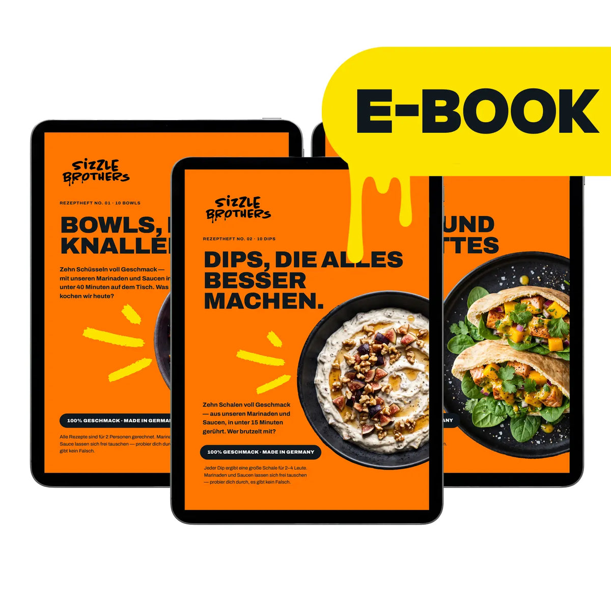Drei E-Book-Cover mit orangefarbenem Hintergrund; Texte: 'Bowls, die knallen', 'Dips, die alles besser machen'.