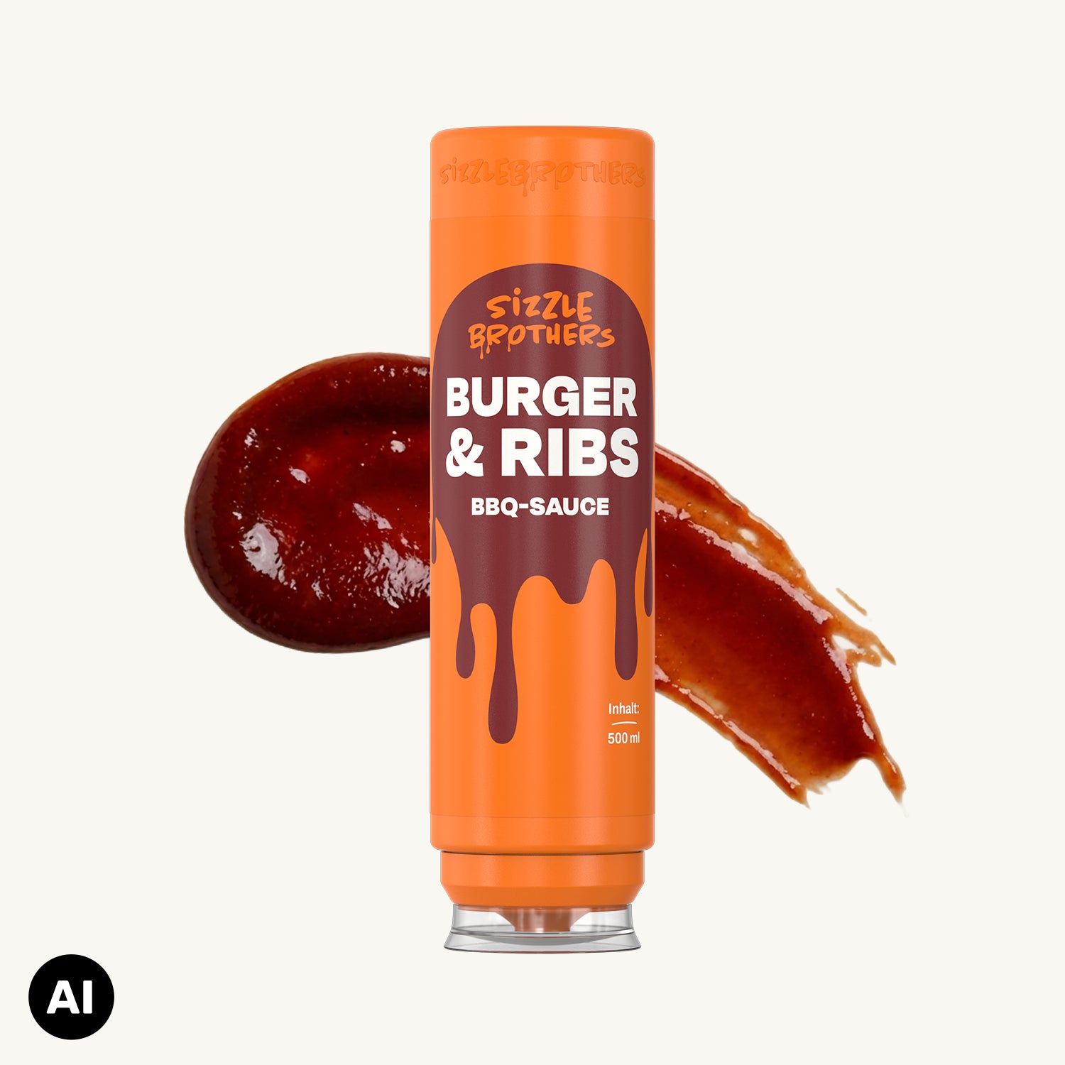 Orange Tube "BURGER & RIBS BBQ-SAUCE" vor einem Klecks BBQ-Sauce auf hellem Hintergrund.