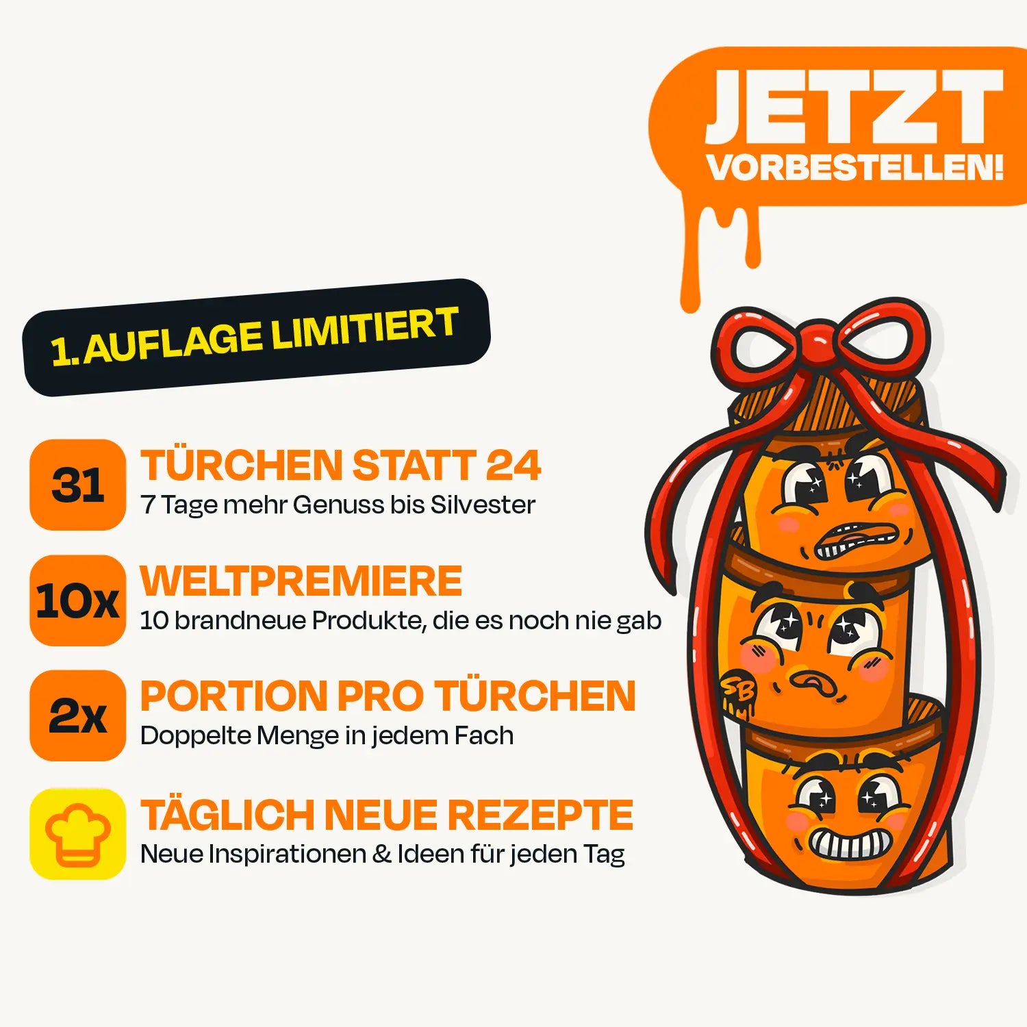 Produkt Highligts zum SizzleBrothers Adventskalender 2026: 31 Türchen, 10 neue Produkte, 2 Portionen pro Türchen und täglich neue Rezepte