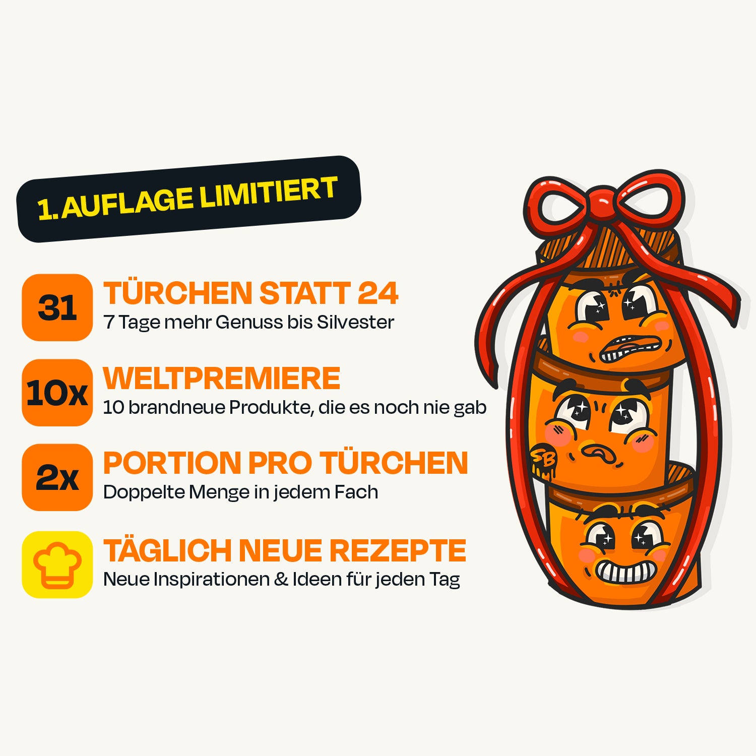 Produkt Highligts zum SizzleBrothers Adventskalender 2026: 31 Türchen, 10 neue Produkte, 2 Portionen pro Türchen und täglich neue Rezepte