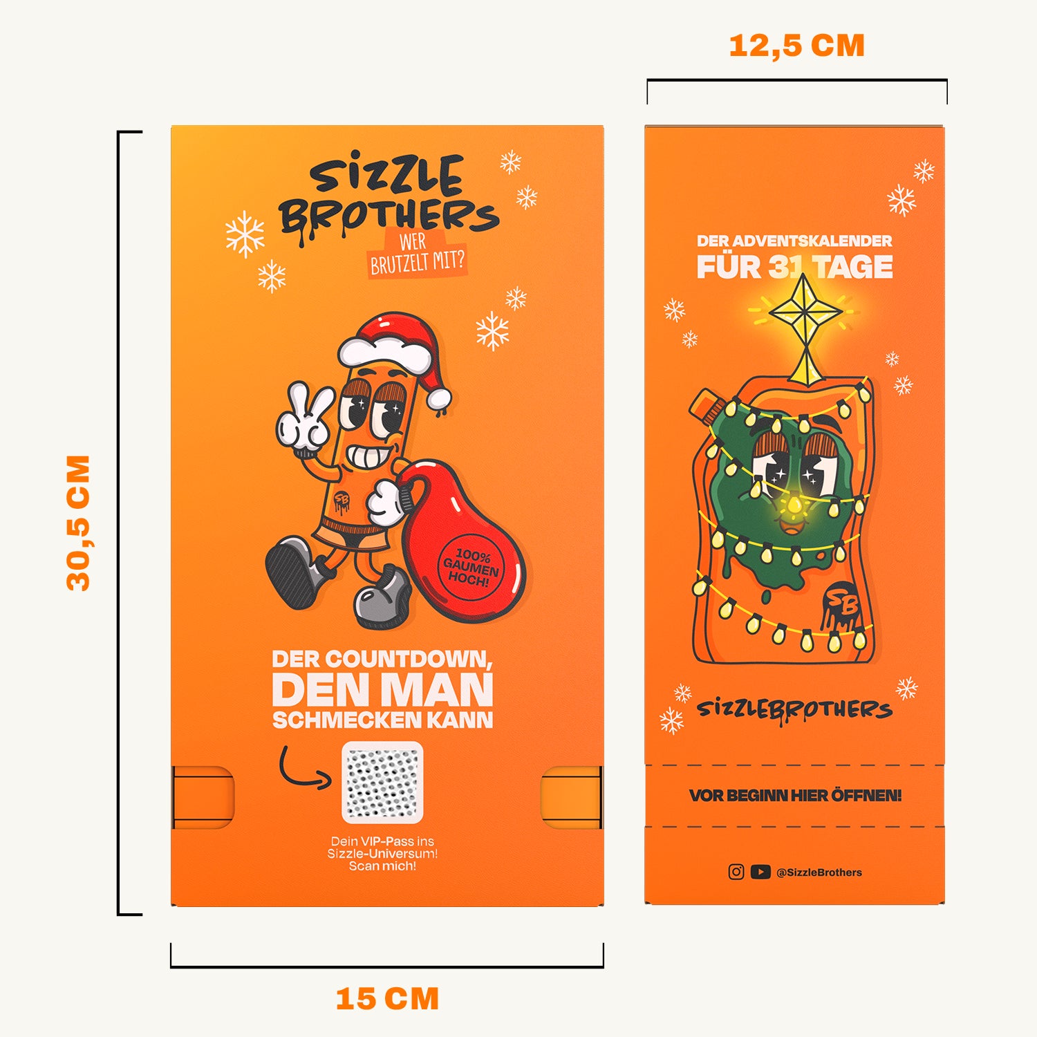 Vorder- und Rückseite des SizzleBrothers Adventskalenders für 2026 mit Maßangaben 15 x 30,5 x 12,5 cm