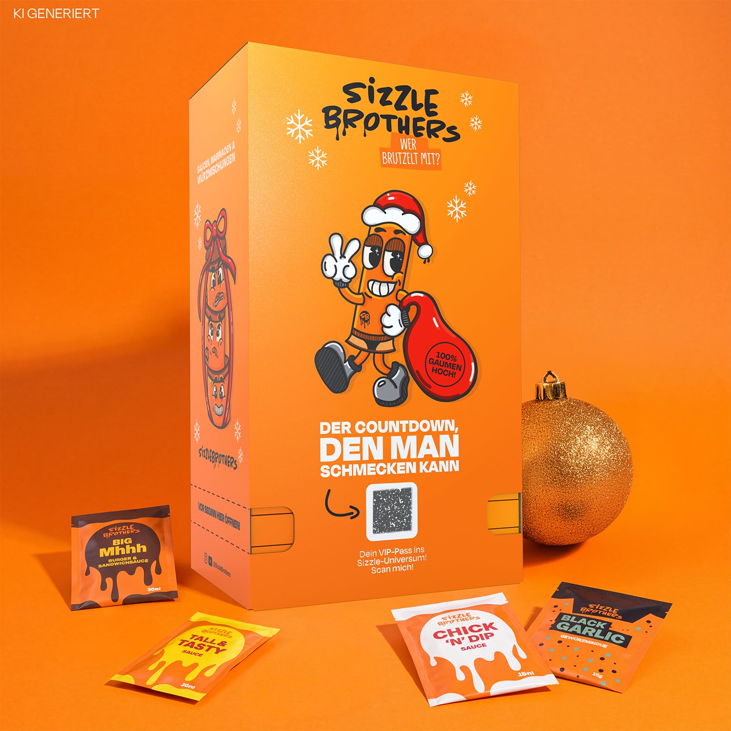 SizzleBrothers Adventskalender für 2026 neben goldener Christbaumkugel und mehreren Einzelsachets aus dem Adventskalender