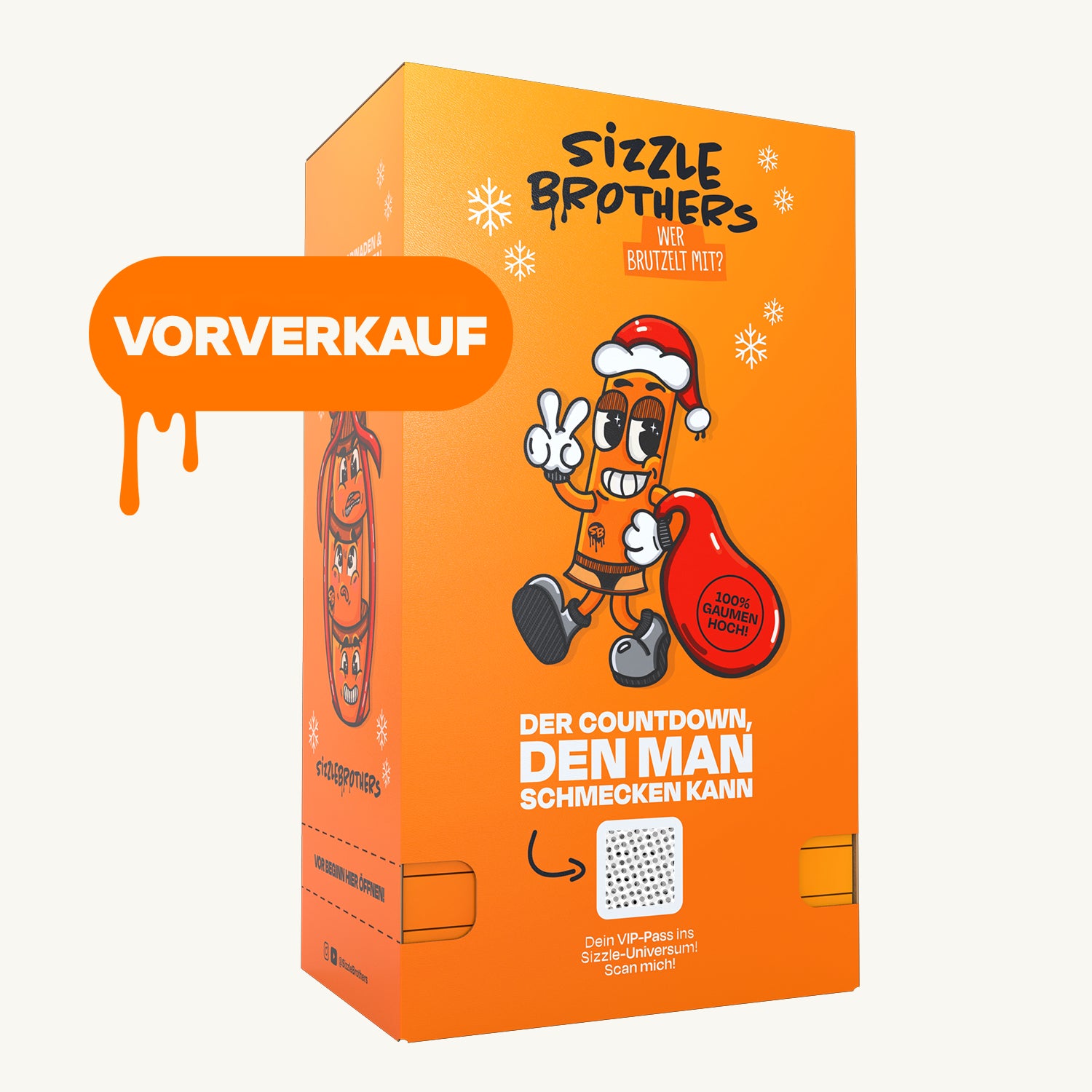 SizzleBrothers Adventskalender 2026 in der orangefarbenen Verpackung mit Vorverkauf-Hinweis