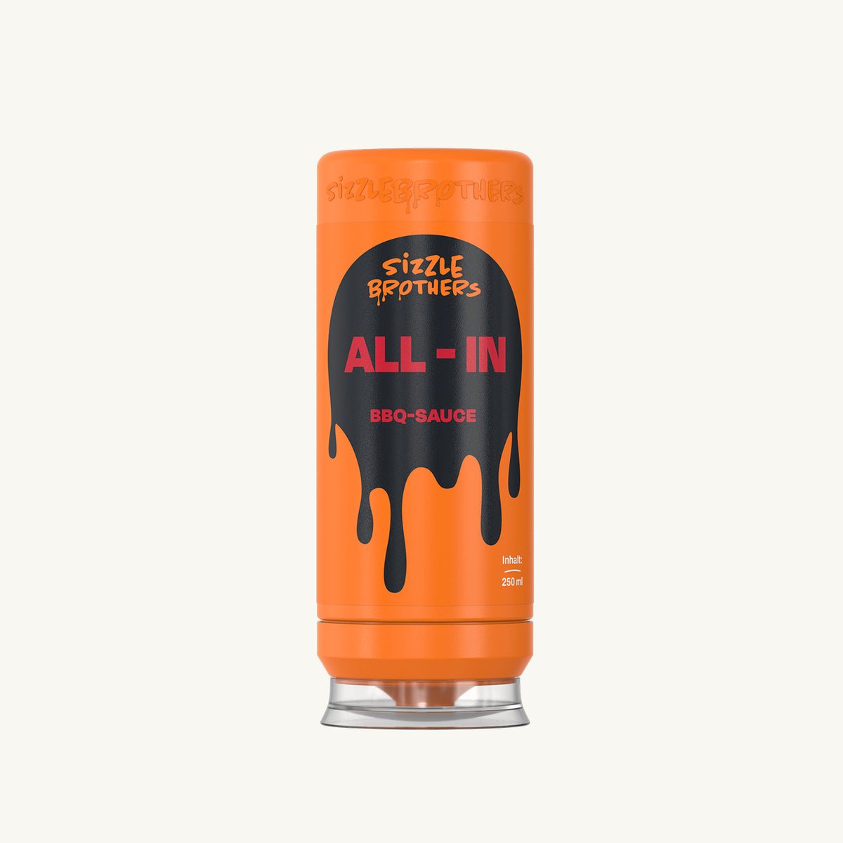 BBQ-Sauce von 'ALL-IN' in orangener Flasche, daneben Soße verschmiert.