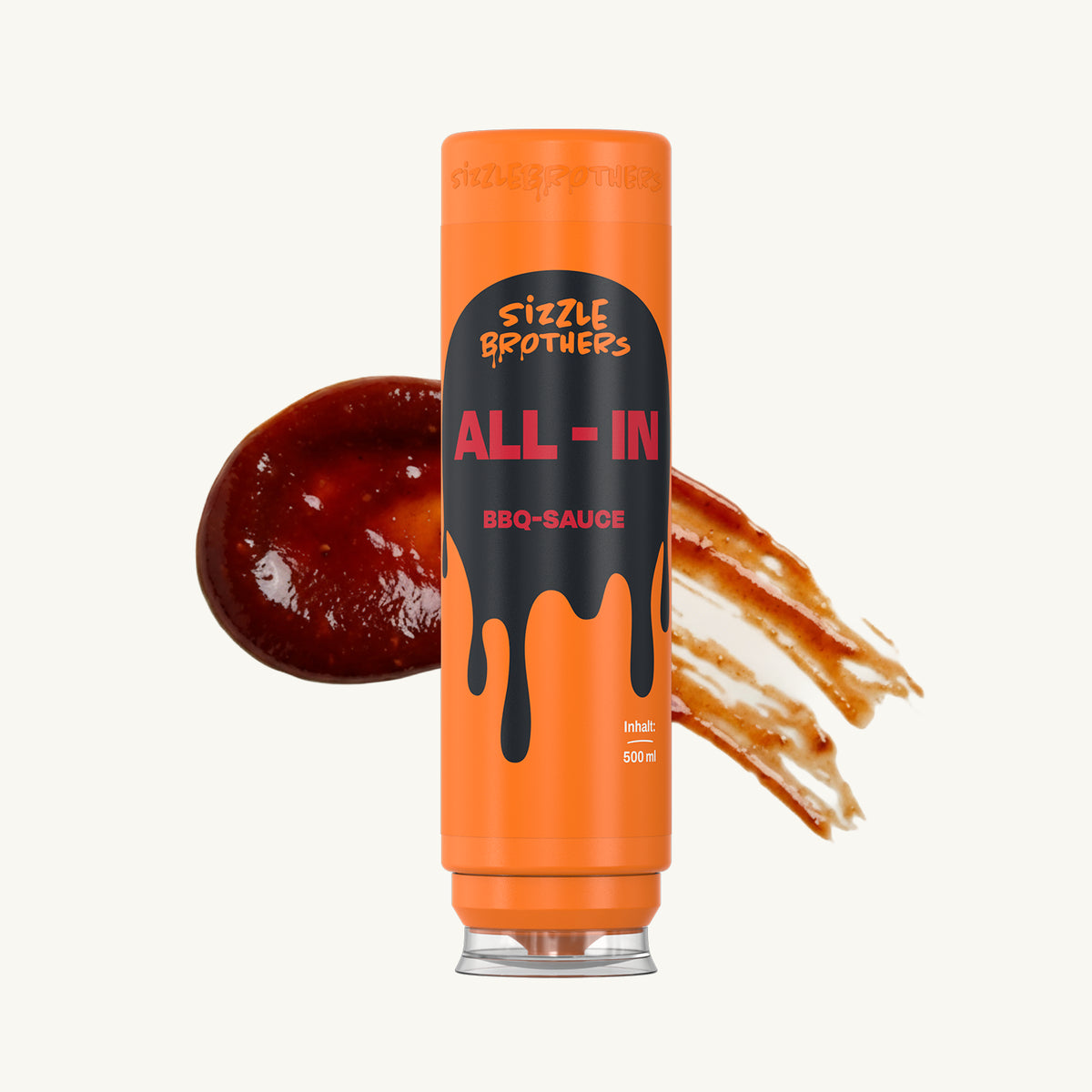 Große Flasche 'ALL-IN' BBQ-Sauce, daneben rote Soße verschmiert.