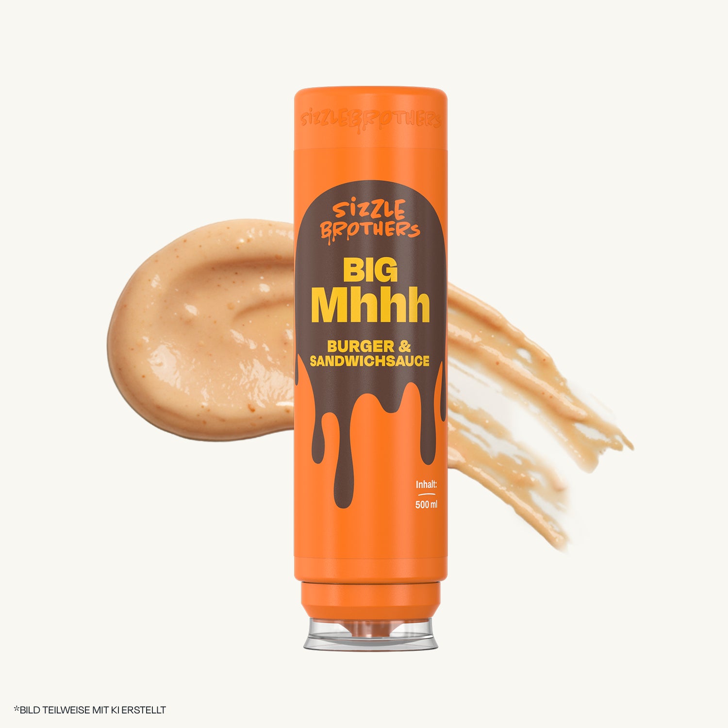 SizzleBrothers Bih Mhhh Sauce in der orangefarbenen 500 ml Flasche neben einem Klecks heller Burgersauce