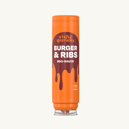 SizzleBrothers Burger Ribs BBQ-Sauce in der orangefarbenen 500 ml Flasche