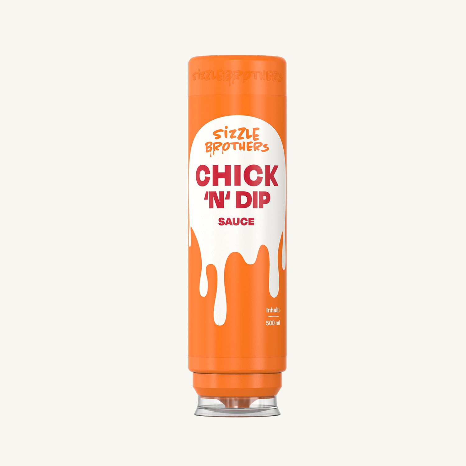 Flasche 'CHICK 'N' DIP' Sauce, orange mit weißem Etikett, 500 ml.