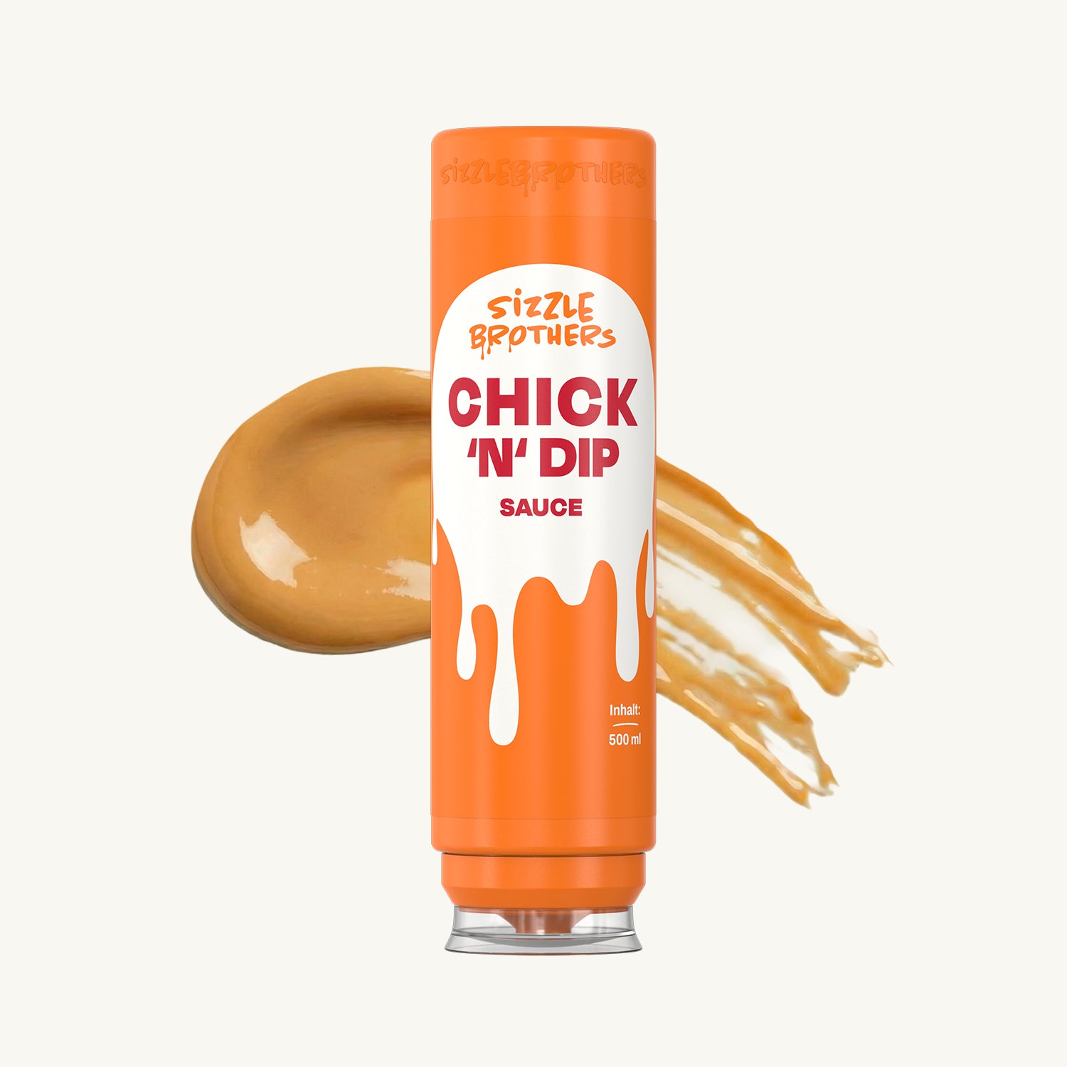 'CHICK 'N' DIP' Sauce in Flasche, daneben hellbraune Soße verschmiert.
