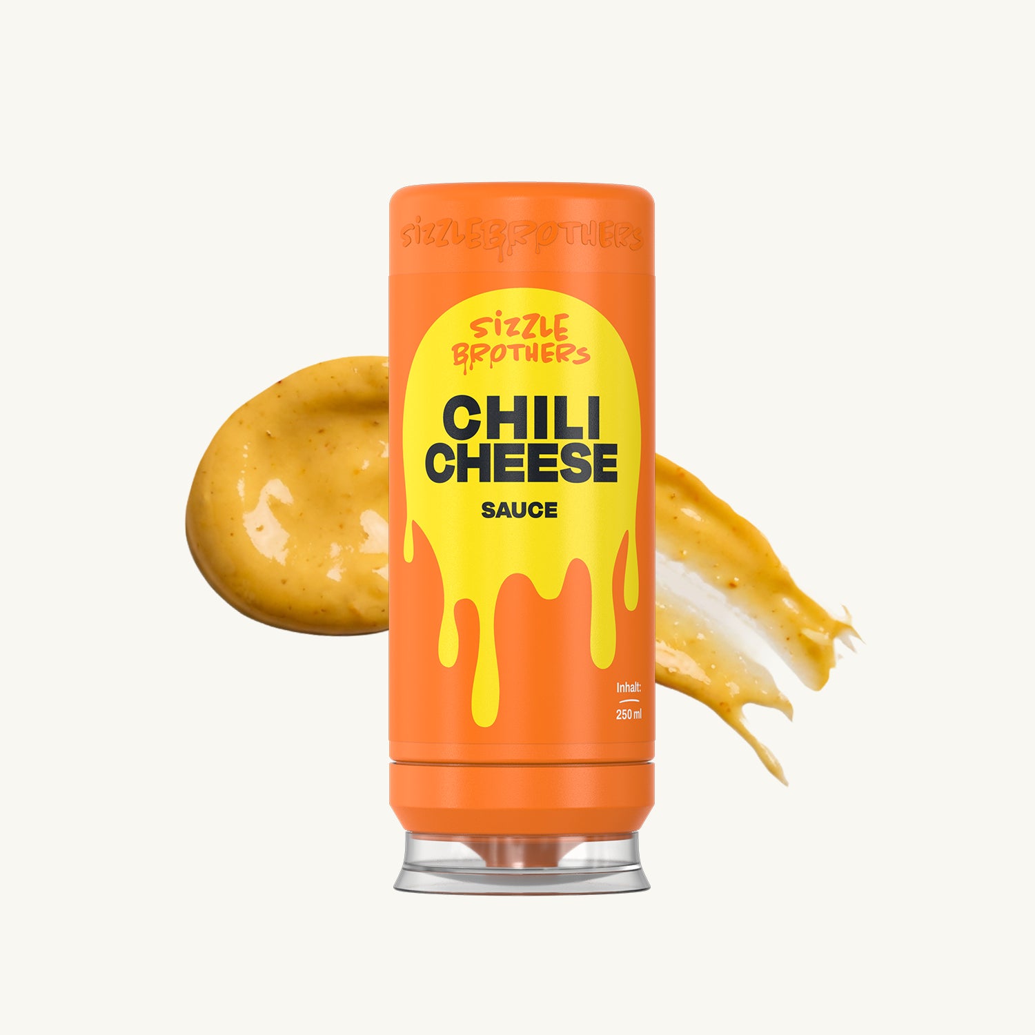 SizzleBrothers Chili Cheese Sauce, in orangener 250 ml Flasche, mit Saucen Klecks