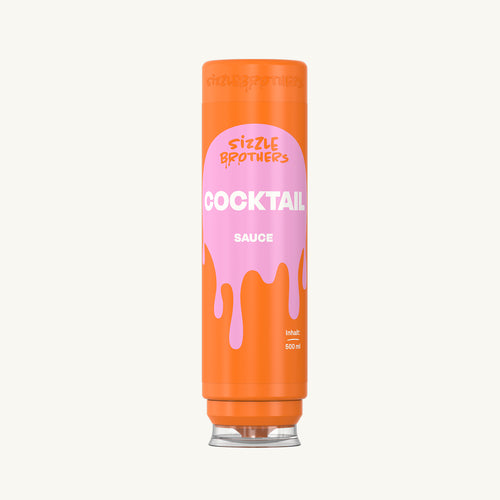 Große Flasche mit Cocktailsoße, orange mit rosa Etikett, 500 ml.