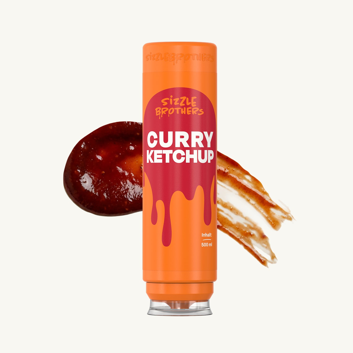 Curry Ketchup Flasche 500 ml SizzleBrothers mit einem Klecks Ketchup daneben.