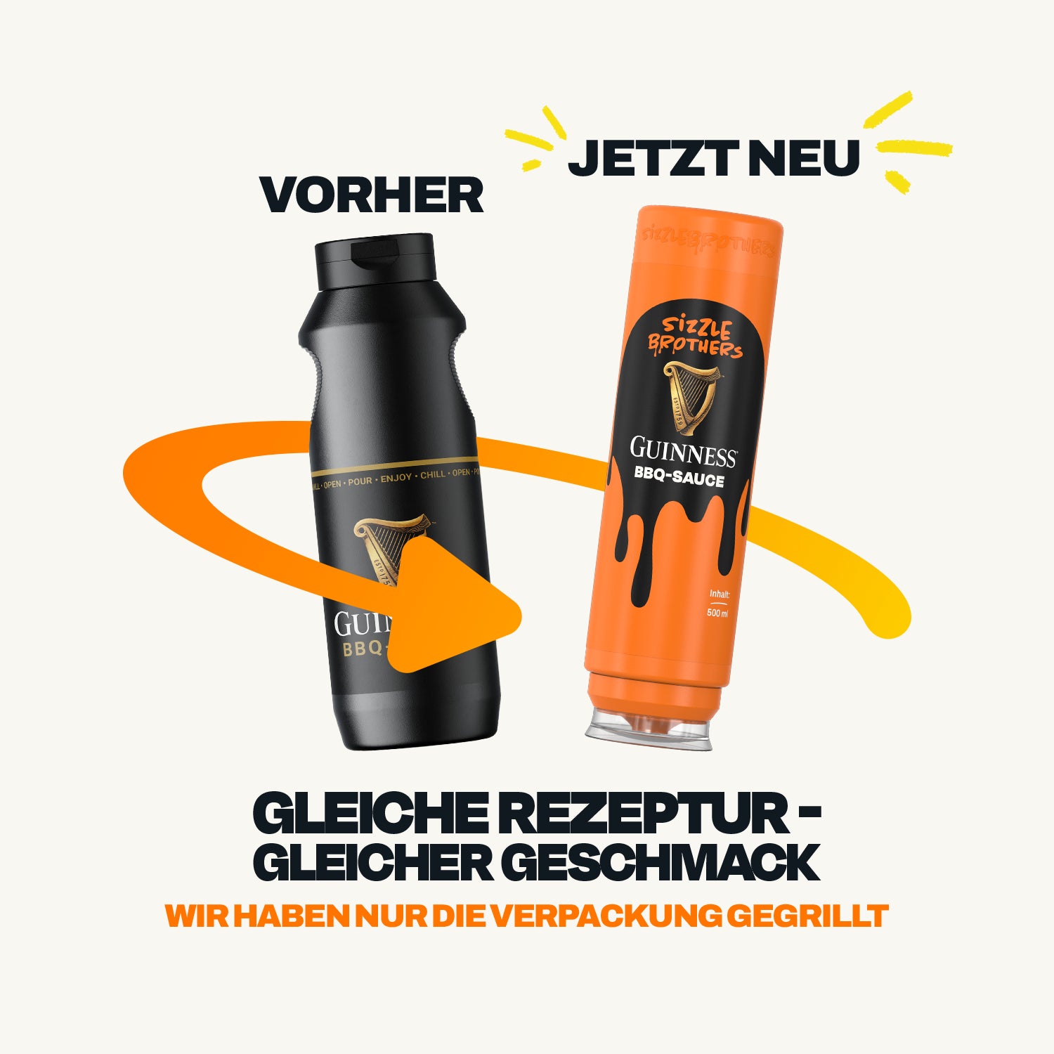 Neue Verpackung der SizzleBrothers Guinness BBQ-Sauce, alte schwarze Flasche neben der neuen orangefarbenen 500 ml Flasche