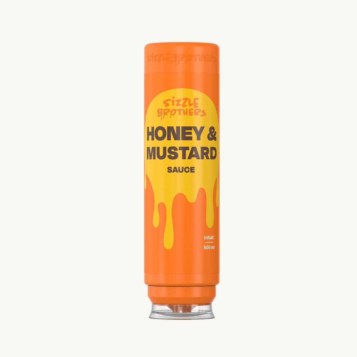 Orange Honig & Senf Sauce Flasche mit tropfendem gelbem Design.
