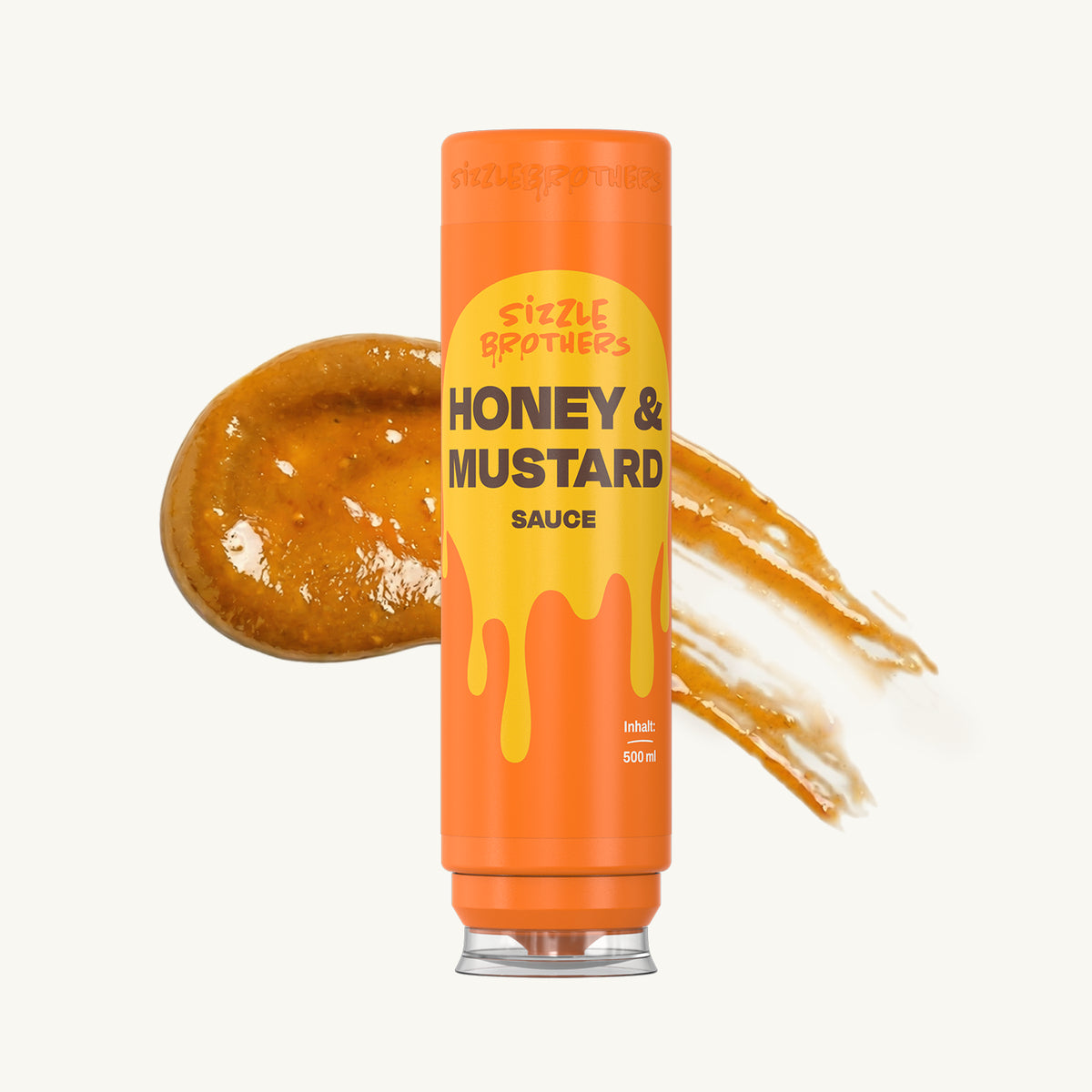 Geöffnete Honig & Senf Sauce Flasche mit einem Klecks Sauce.