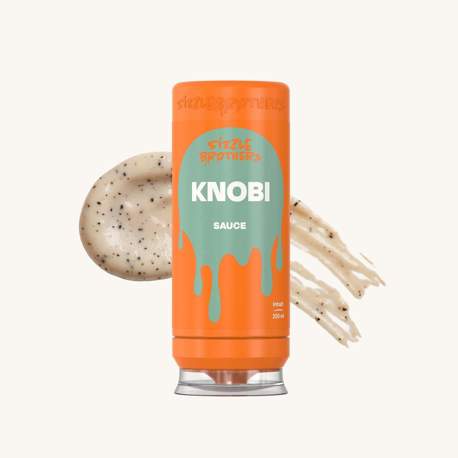 Orange Knobi-Sauce Flasche mit Knoblauchcreme daneben, 250 ml.
