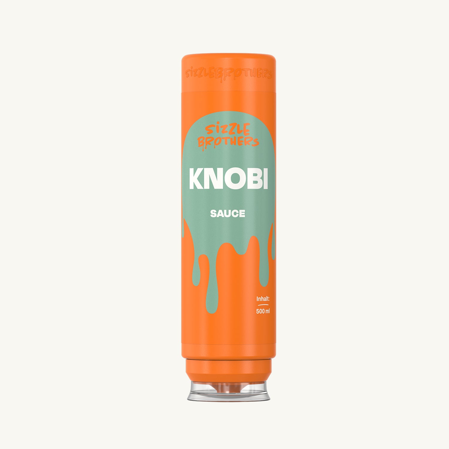 Orange Knoblauch Sauce Flasche mit tropfendem grünem Design.
