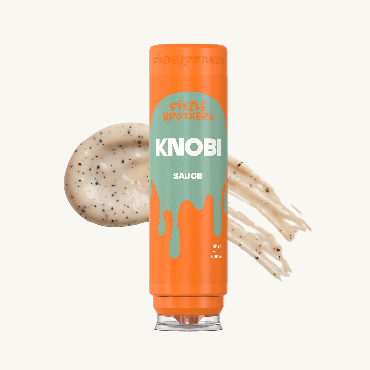 Orange Knobi-Sauce Flasche mit Knoblauchcreme daneben, 500 ml.