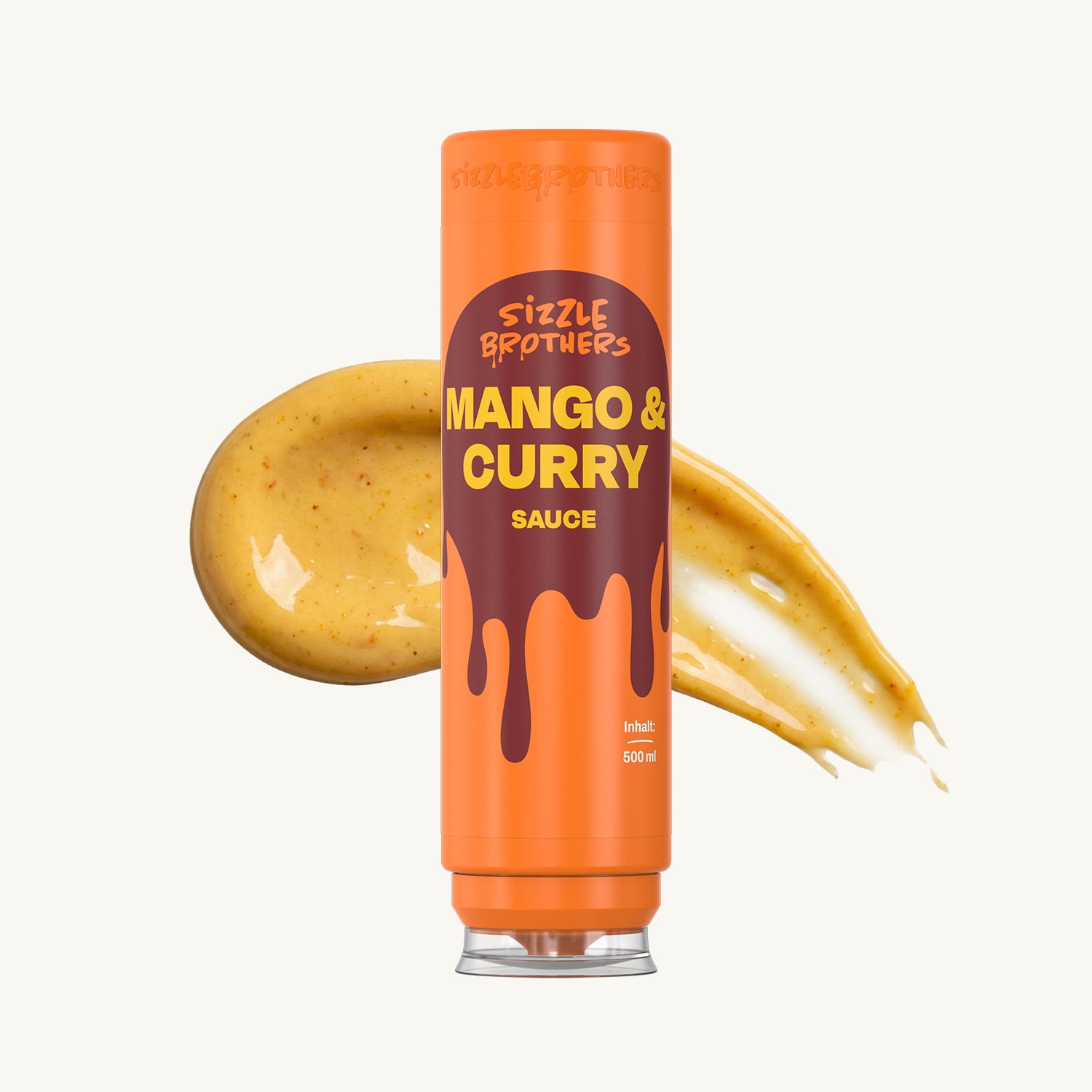 SizzleBrothers Mango & Curry Sauce, in  orangener 500 ml Flasche, mit Saucen Klecks