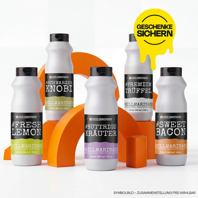 Fünf weiße Flaschen, orange Bögen im Hintergrund. Text: "Geschenke sichern".