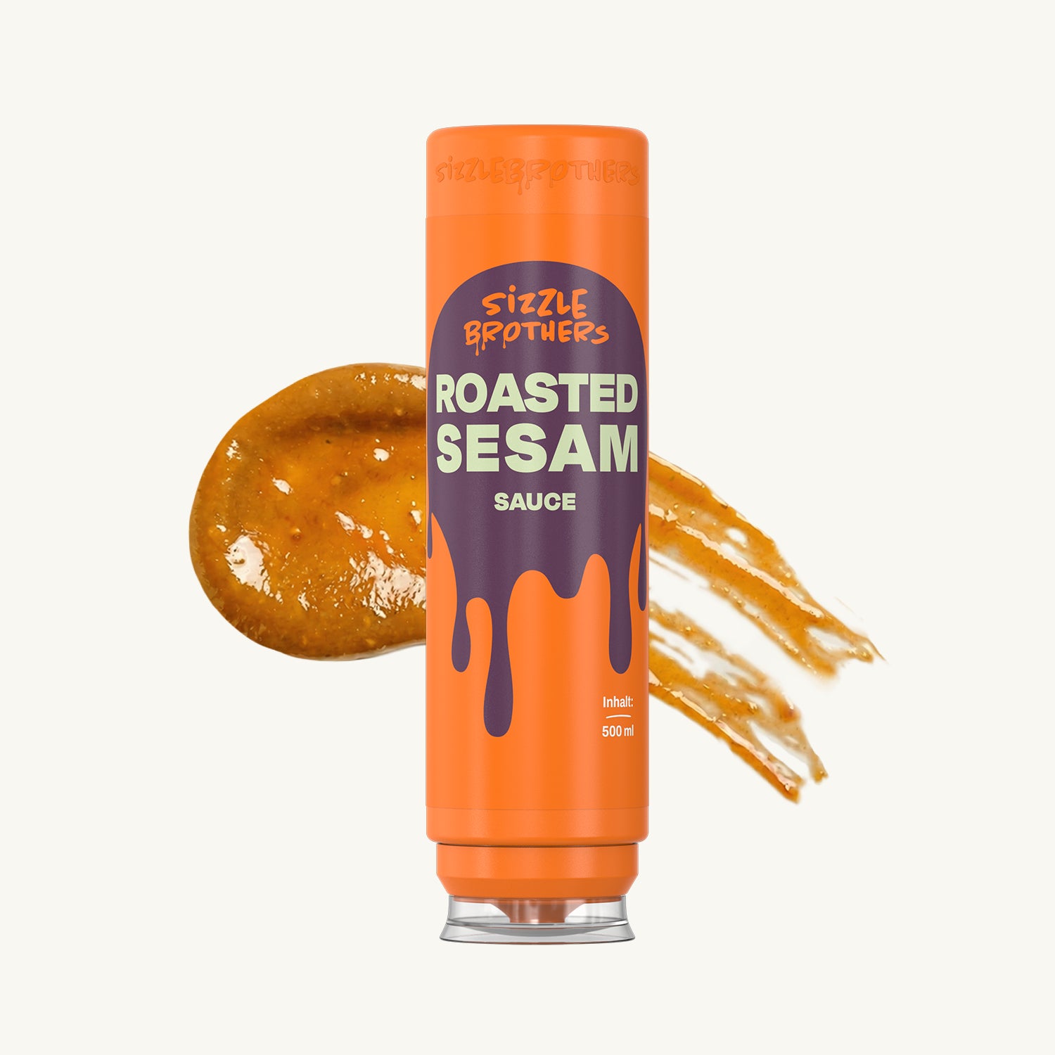 SizzleBrothers Roasted Sesam Sauce 500 ml in orangener Flasche mit Saucenklecks daneben.