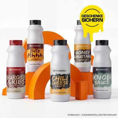 Fünf weiße Soßenflaschen auf orangen Bögen. Text: "Geschenke sichern".