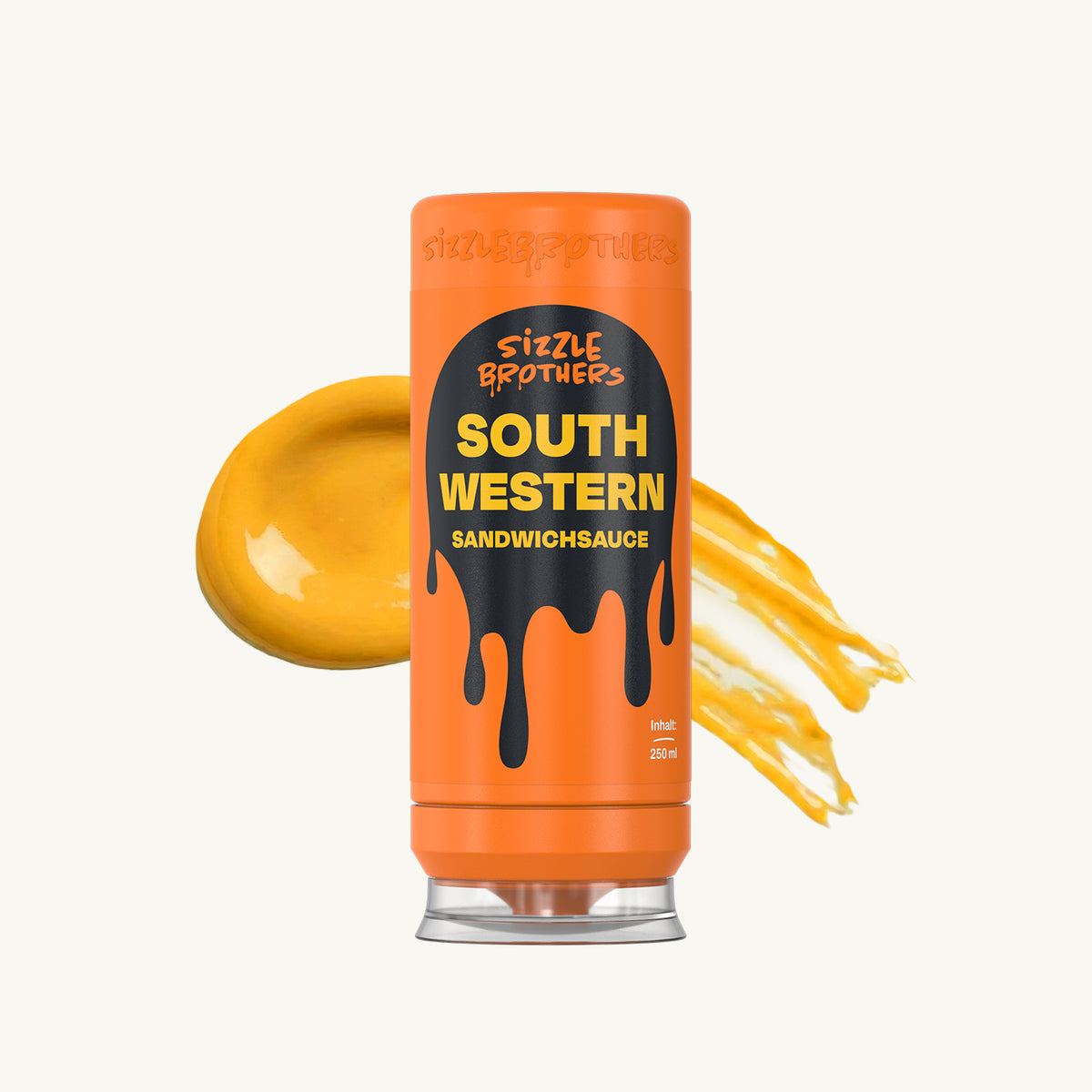 Kleine orange Flasche „South Western Sandwichsauce“ mit Saucenfleck daneben.