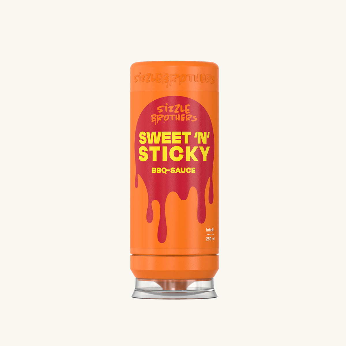SizzleBrothers Sweet n Sticky BBQ-Sauce in der orangefarbenen 250 ml Flasche